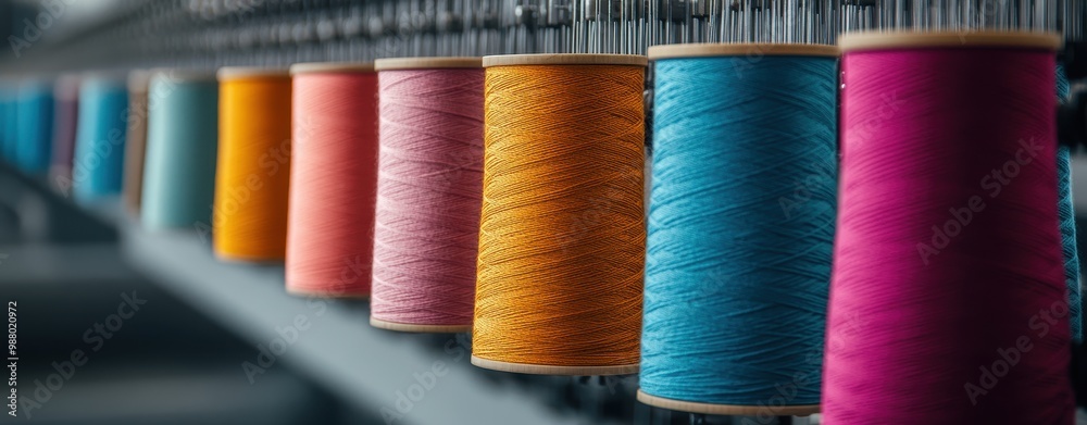 Rows of brightly colored thread spools in a textile factory, showcasing a diverse palette used in fabric manufacturing. Rows of brightly colored thread spools in a textile factory, showcasing a diverse palette used in fabric manufacturing.