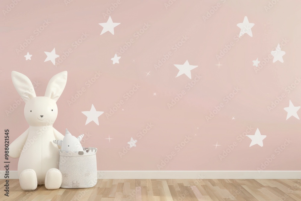 Obraz premium Cute baby room interior with toys on background of wall with copy space. Cozy room for newborn. Interior design, baby room decor