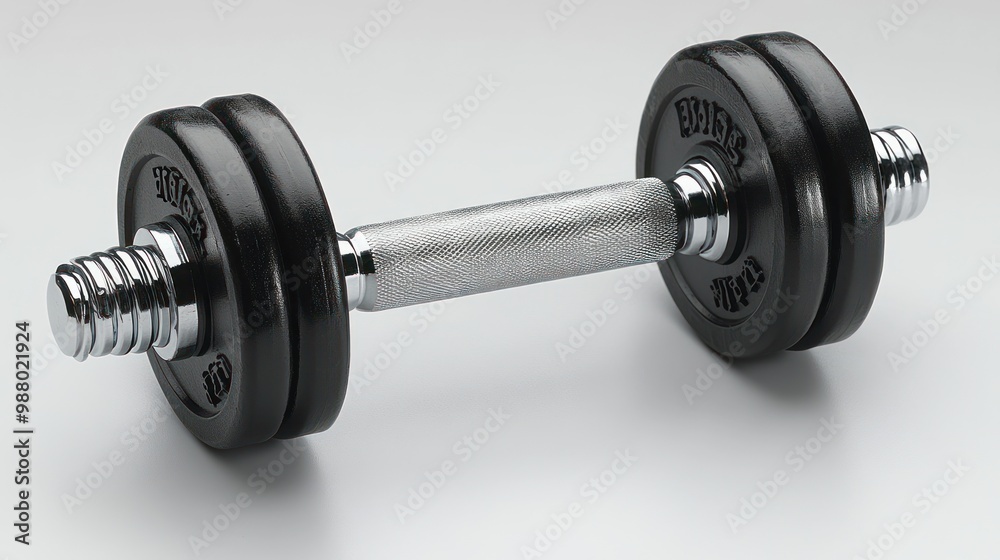 Naklejka premium A black and silver dumbbell on a plain background for fitness use.