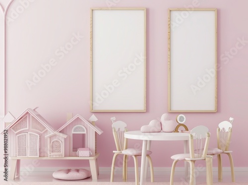 Two vertical empty frames mockup on pink wall in lovely children room interior. Kids room design with toys, table and chairs.