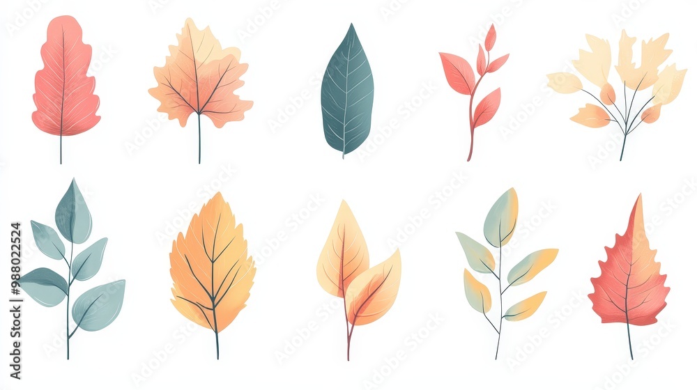 Fototapeta premium Autumn Leaves Collection - Minimalistic 2D Vector Illustration with Soft Pastel Tones on Transparent Background
