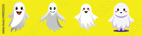 Ghost character. Halloween ghost. Magic scary spirit. Halloween levitating phantom. Cute funny happy spirit icon. Halloween phantom design vector illustration. Halloween Promotion Poster. Flat style