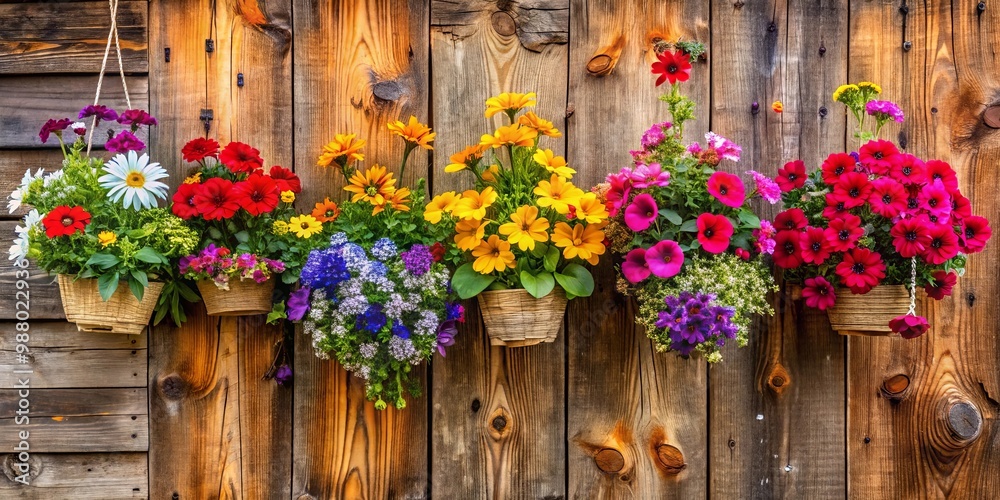 Fototapeta premium Close-up of colorful flowers hanging on a rustic wooden wall in natural light