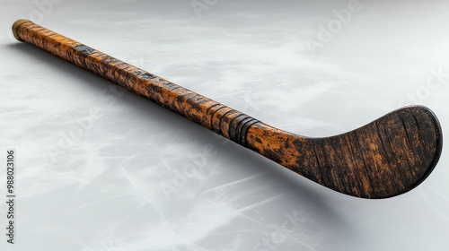 A worn hockey stick resting on an ice-like surface. photo