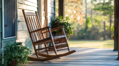 A rocking chair sits on a wooden porch with green siding and a view of a yard with trees.