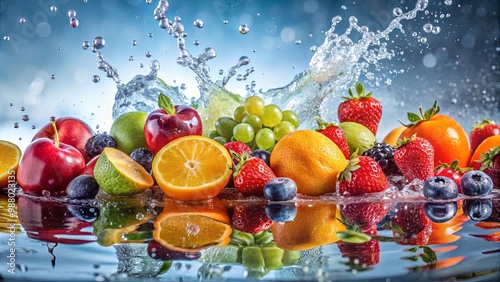 Assorted colorful fruits falling into water puddle creating vibrant splash and ripples