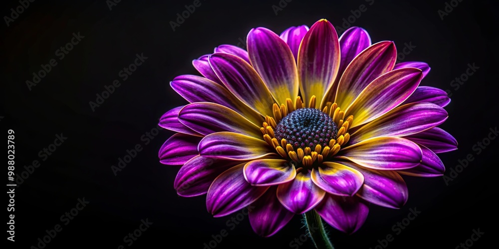 Obraz premium Vibrant Purple and Yellow Flower on a Mysterious Black Background for Creative Designs