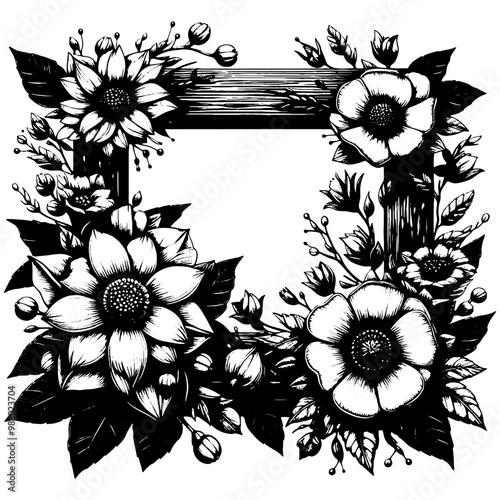 Ornate floral frame with intricate flowers in black and white. Vector, generative ai.