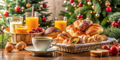 Christmas morning breakfast table with bread buns, croissants, coffee and juice for holiday celebration