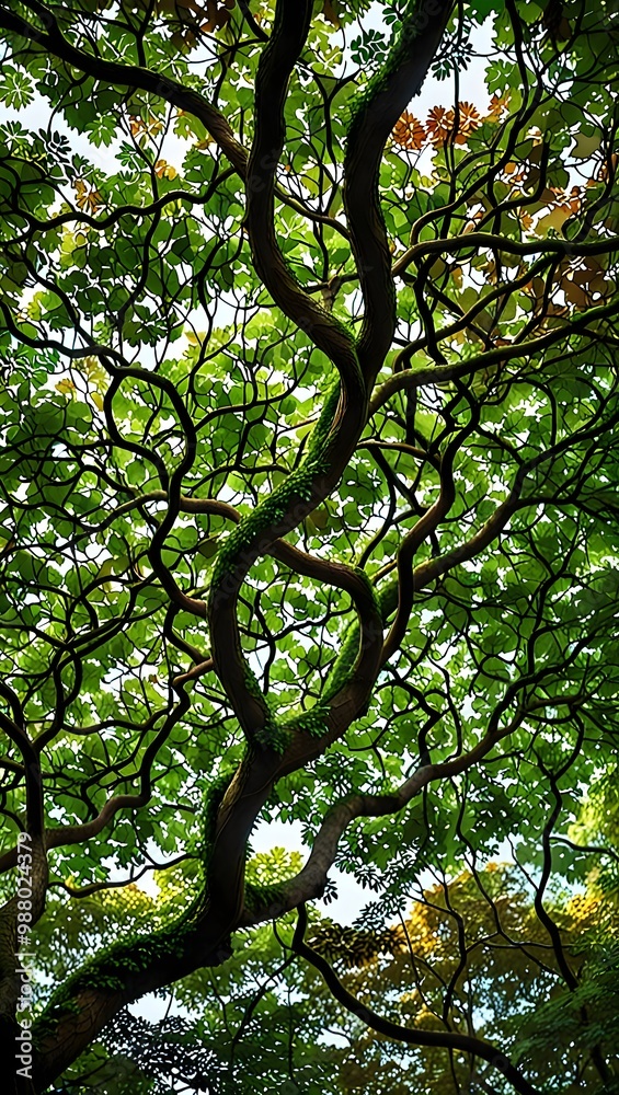 Intricate branches of a lush tree twist gracefully against a blue sky in a vibrant forest during daytime. Generative AI Intricate branches of a lush tree twist gracefully against a blue sky in a vibrant forest during daytime. Generative AI