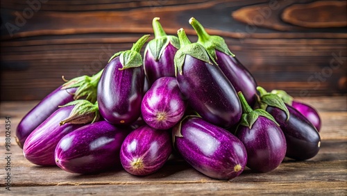 Stack of fresh purple eggplants piled high in a vibrant display