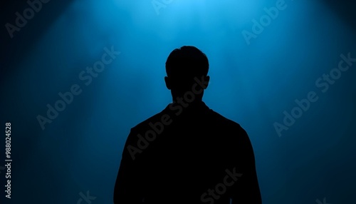 Silhouette of male on computer in dark room. Concept online crime and predator. photo