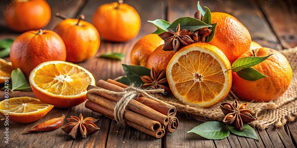 Oranges and cinnamon sticks on table in rustic setting for autumn home decor