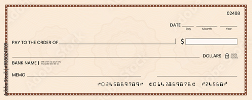 Blank bank check, checkbook cheque template or money payment paper voucher, vector mockup. Business or personal account cash pay cheque certificate or paycheck coupon from checkbook