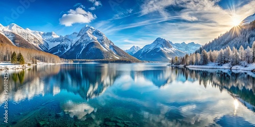 Breathtaking panoramic view of a serene lake amidst snow-capped mountains in winter