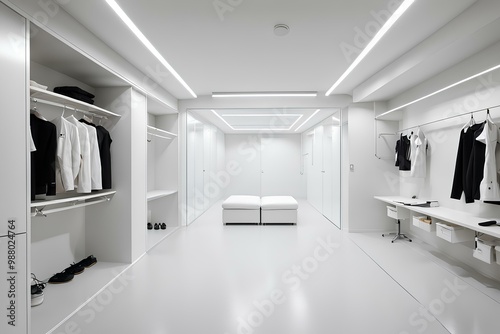 empty white room with white walls, A clean, modern white-toned laundry room and dressing room or fitting room