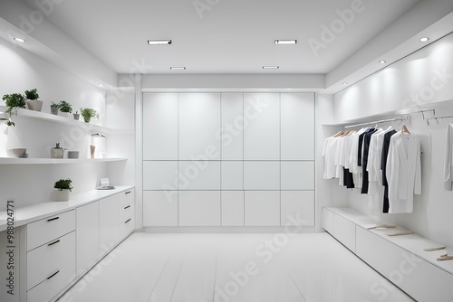 empty white room with white walls, A clean, modern white-toned laundry room and dressing room or fitting room