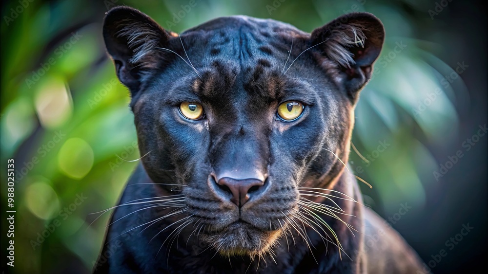 Intense black leopard staring at the camera from a tree in close-up Intense black leopard staring at the camera from a tree in close-up