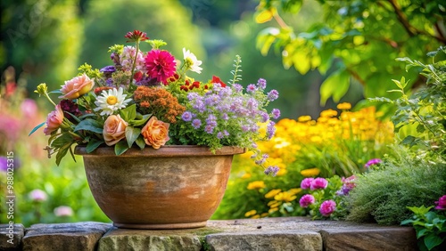 Garden floral arrangement in pot with stone ledge in front of lush garden