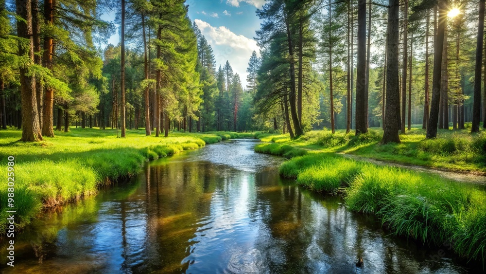 Serene stream flowing through lush forest with tall trees and grass Serene stream flowing through lush forest with tall trees and grass