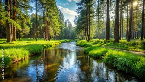 Serene stream flowing through lush forest with tall trees and grass