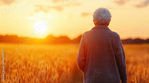 Elderly woman with grey hair walks through a sunlit wheat field at sunset, creating a peaceful and reflective moment in nature..