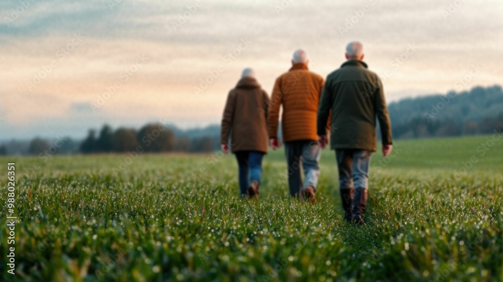Four elderly people walk together through a lush green field at sunset, their backs facing the camera, under a soft sky, sharing a peaceful moment.. Four elderly people walk together through a lush green field at sunset, their backs facing the camera, under a soft sky, sharing a peaceful moment..