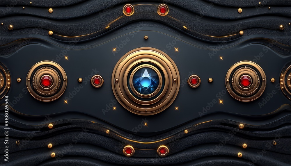 Blue Diamond and Red Gems Embedded in Gold and Black Abstract Design Blue Diamond and Red Gems Embedded in Gold and Black Abstract Design