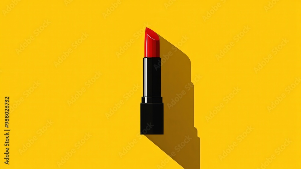 Bold Red Lipstick Floating in Mid-Air Against Vibrant Yellow Background with Modern Minimalistic Design and Clean Lines Bold Red Lipstick Floating in Mid-Air Against Vibrant Yellow Background with Modern Minimalistic Design and Clean Lines