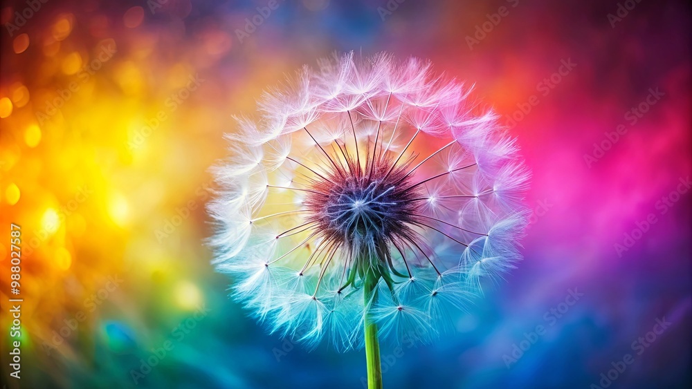 Vibrant Dandelion Flower in Warm Tones of Pink, Yellow, Green, and Blue Vibrant Dandelion Flower in Warm Tones of Pink, Yellow, Green, and Blue
