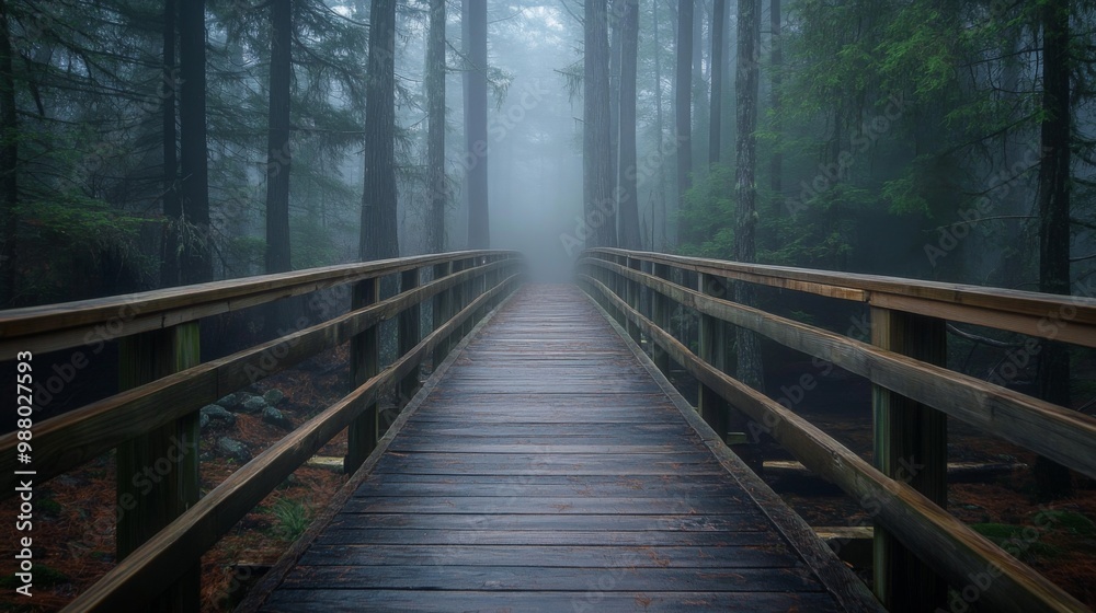 A wooden bridge leading into a misty forest. A wooden bridge leading into a misty forest.