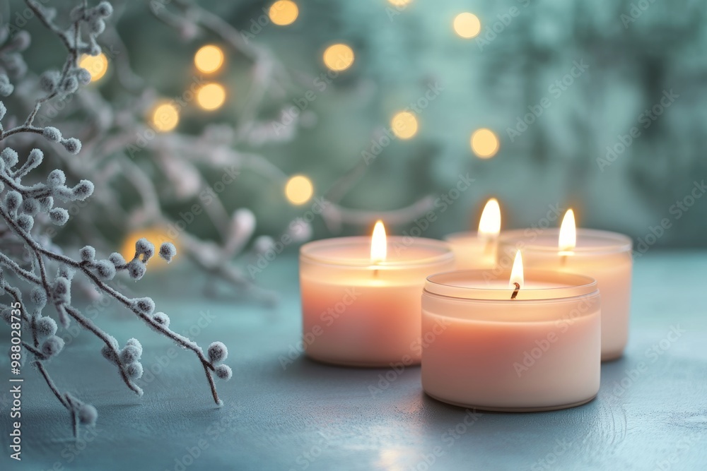 Elegant winter candles illuminating a serene setting with frosted branches and twinkling lights enhancing the cozy atmosphere Elegant winter candles illuminating a serene setting with frosted branches and twinkling lights enhancing the cozy atmosphere