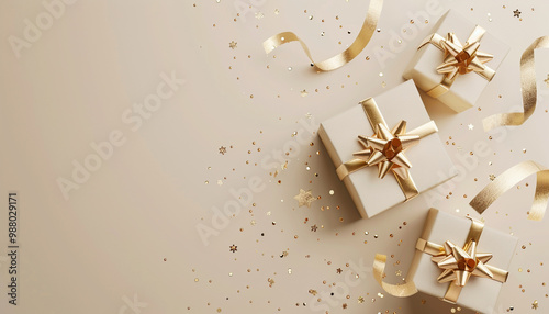 Gold and pink gifts with confetti on soft tones and empty space for text – perfect for celebrations and gift-giving