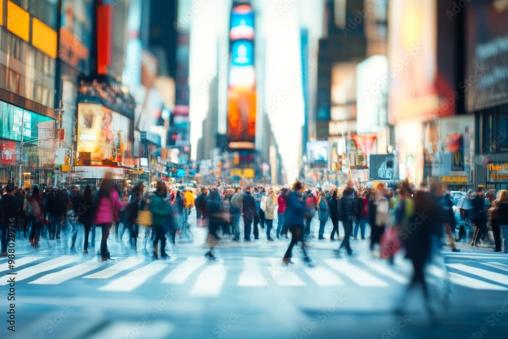 Obraz premium Crowds of people crossing a busy intersection on a vibrant day in New York City