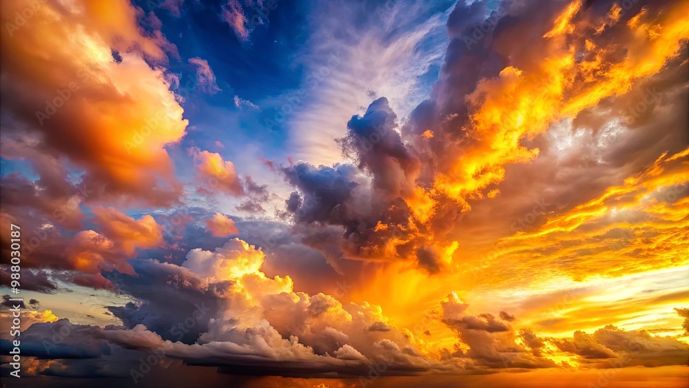 Fototapeta premium Dramatic sunset sky with billowing clouds and warm sunlight