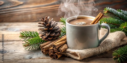 Steaming hot chocolate with cinnamon stick and pinecone garnish for cozy winter vibes