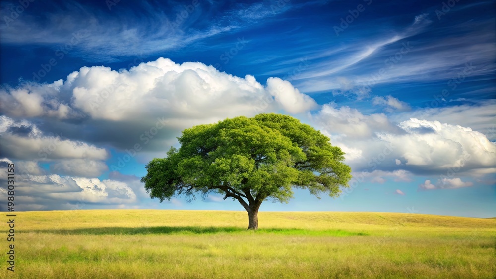Fototapeta premium Solitary tree with cascading foliage in wide open expanse nature landscape