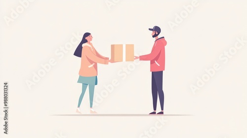 Minimalist 2D Vector Illustration of Delivery Man Handing Package to Customer on Transparent Background with Pastel Colors