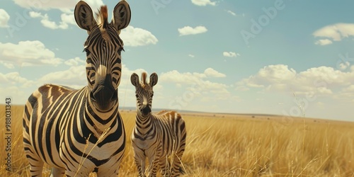 Zebra and its young one looking at the camera