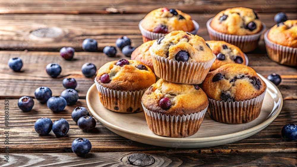 Plate of Freshly Baked Blueberry Muffins on Wooden Table in Natural Light Plate of Freshly Baked Blueberry Muffins on Wooden Table in Natural Light