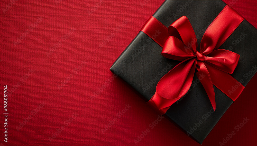 Black gift with a red bow on a red background with empty space – perfect for holiday themes and gift-giving Black gift with a red bow on a red background with empty space – perfect for holiday themes and gift-giving