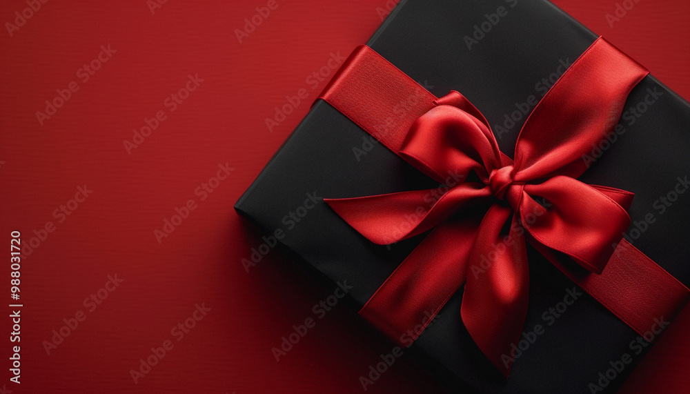 Black gift with a red bow on a red background with empty space – perfect for holiday themes and gift-giving Black gift with a red bow on a red background with empty space – perfect for holiday themes and gift-giving