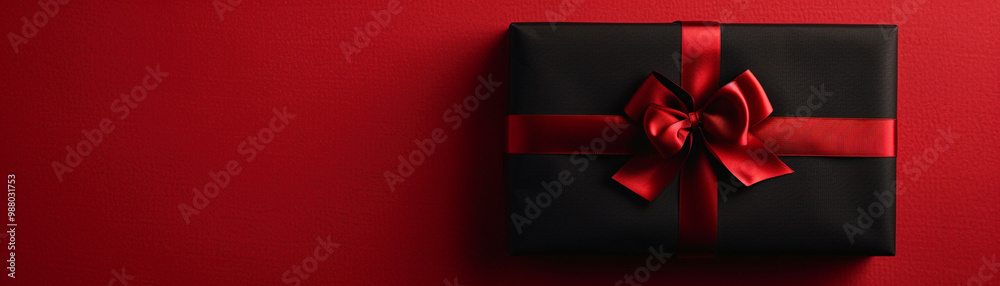 Black gift with a red bow on a red background with empty space – perfect for holiday themes and gift-giving Black gift with a red bow on a red background with empty space – perfect for holiday themes and gift-giving