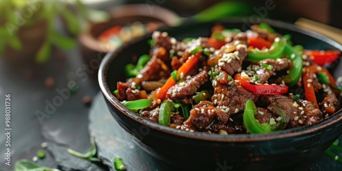 Stir-Fried Beef with Black Bean Sauce and Assorted Peppers in a Classic Korean Restaurant