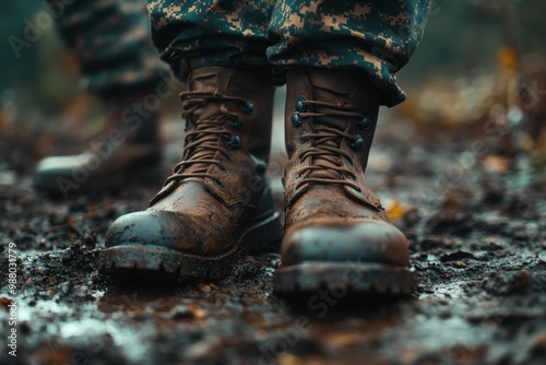 Close-up of brown leather army boots marching on muddy ground during a military training exercise in a woodland area