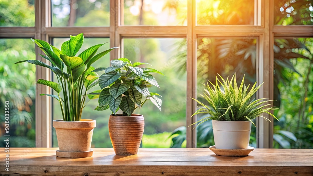 Two lush potted plants on wooden table near window, nature indoors decor Two lush potted plants on wooden table near window, nature indoors decor