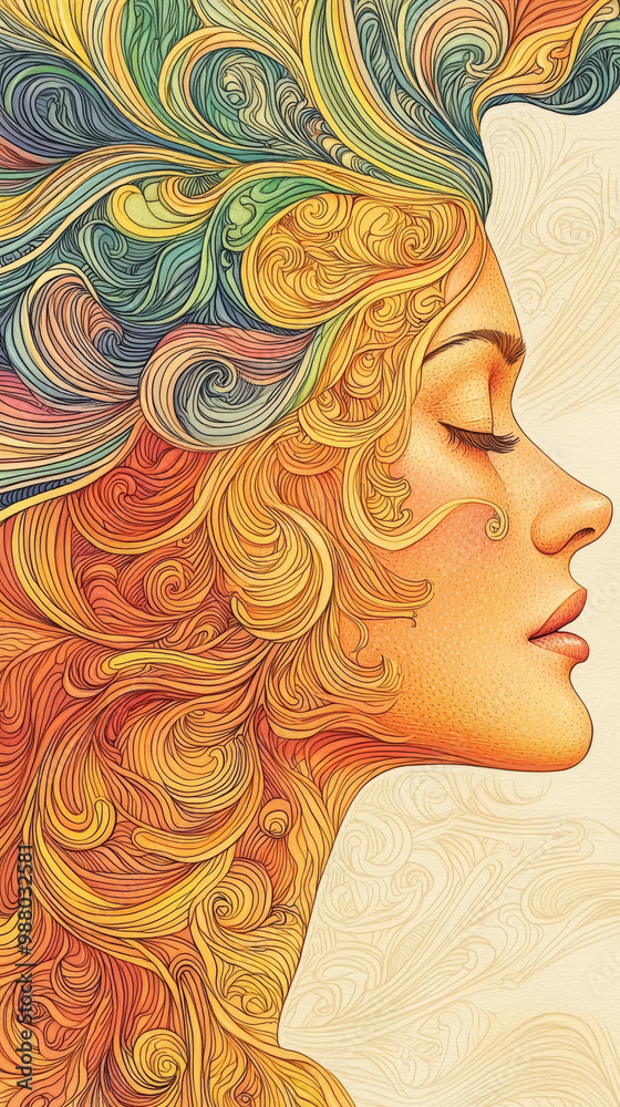 Woman with colorful, swirling hair. Woman with colorful, swirling hair.