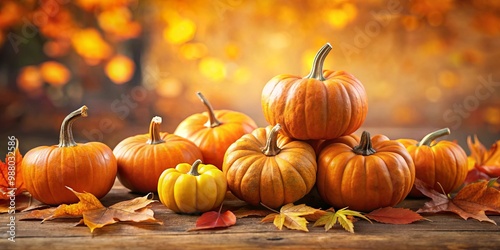 Cluster of Orange Pumpkins and Autumn Leaves with Additional Pumpkins in Fall Setting