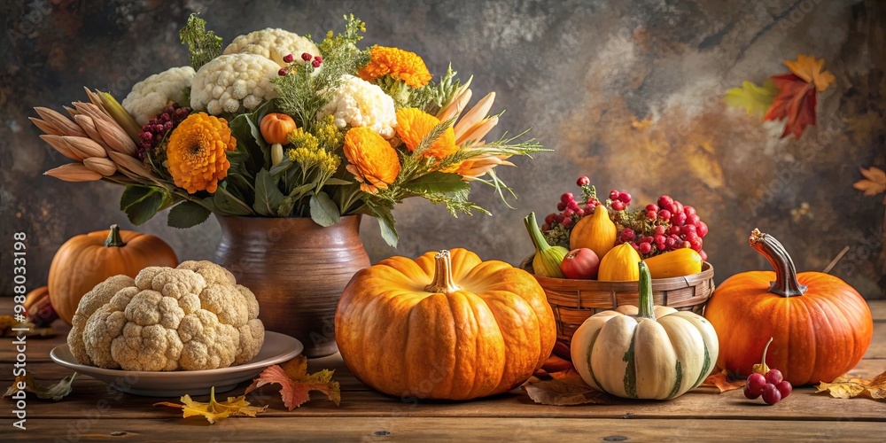 Autumn Harvest Still Life Table Setting with Pumpkins, Cauliflower, and Flowers for Fall Decor or Thanksgiving Table Centerpiece Autumn Harvest Still Life Table Setting with Pumpkins, Cauliflower, and Flowers for Fall Decor or Thanksgiving Table Centerpiece