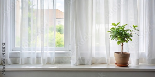 Peaceful home decor with potted plant on window sill next to sheer curtain